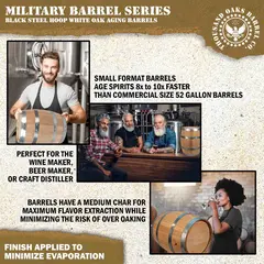 Mini oak Army barrel aging bourbon and whiskey 8x faster than commercial barrels for home distilling and cocktail infusion.