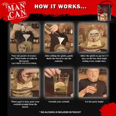 Step-by-step instructions showing how to use the Man Can Whiskey Making Kit, including adding essence, aging in the oak barrel, and pouring finished bourbon.