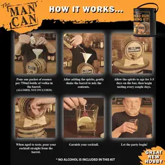 Step-by-step instructions showing how to use the Man Can Spiced Rum Making Kit including adding essence, aging in oak barrel, and pouring finished rum.