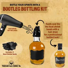 Bootleg Bottling Kit showing how to seal whiskey bottles with heat shrink bands using a hair dryer