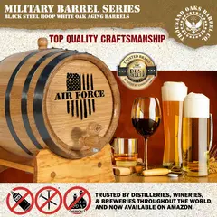 Air Force engraved mini whiskey barrel displayed as a personalized gift for veterans and active duty Air Force members.