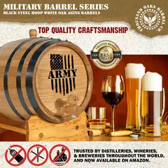 Close-up of Army engraved American white oak barrel showing premium craftsmanship, medium char interior, and black steel hoops for accelerated spirit aging.
