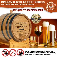 American white oak mini barrel with medium char interior designed for maximum flavor extraction and minimized evaporation.