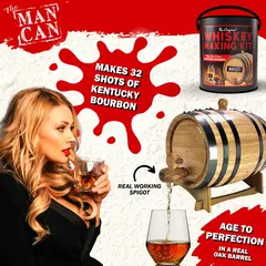 Man Can Whiskey Making Kit barrel pouring bourbon into glass, highlighting real working spigot and ability to make 32 shots of Kentucky bourbon.