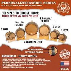 Drunkin Sailor personalized American white oak aging barrels available in multiple sizes from 1 liter to 5 gallons.
