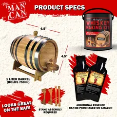 Product specifications of Man Can Whiskey Making Kit showing 1-liter American white oak barrel dimensions, stand assembly, and bourbon essence bottles.