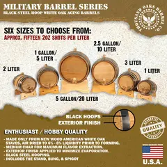 Marines military mini oak barrels available in 1 liter, 2 liter, 3 liter, 5 liter and gallon sizes.