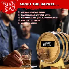 Close-up of American white oak barrel from Man Can Whiskey Making Kit listing features including medium char, chalkboard front, and faster aging process.