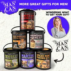 Man Can premium gift collection including whiskey making kit, moonshine kit, cocktail kits and whiskey barrel flight set for men.