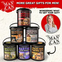 Collection of The Man Can cocktail and spirits making kits including Whiskey Making Kit, Moonshine Kit, Martini Kit, Spiced Rum Kit, and Old Fashioned Kit gift sets.