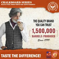 Graphic showing a refined older man sampling whiskey with text stating “1,500,000 barrels produced since 1999,” promoting quality craftsmanship and a 30-day money-back guarantee.