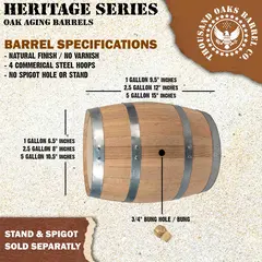 Heritage Series oak aging barrel specifications including American white oak, medium char, and steel hoops