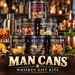 Man Cans whiskey gift kits in black paint cans featuring Whiskey Making, Old Fashioned, Moonshine, Whiskey Sour, Martini and Spiced Rum kits.