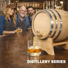 American white oak Distillery Series aging barrel with black steel hoops pouring whiskey into a rocks glass on a distillery bar, craft distillers observing in background