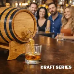 Craft Series American white oak aging barrel with black steel hoops pouring whiskey into a rocks glass, small format barrel for home distilling and cocktail aging
