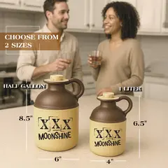 A rustic two-tone stoneware jug, topped with a cork and marked with the distressed text “XXX MOONSHINE” on its front