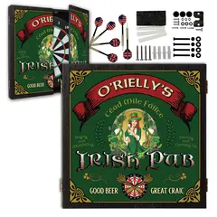 Custom Irish pub dartboard cabinet featuring “O’Rielly’s Irish Pub” artwork with Celtic knots, vintage pub illustration, and dartboard graphic on green background.