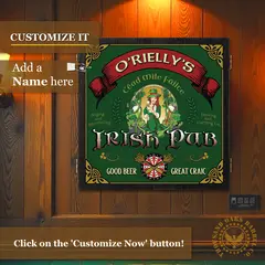 Personalized Irish pub dartboard cabinet mounted on a wood-paneled wall with “O’Rielly’s Irish Pub” design and customization prompt to add a name.