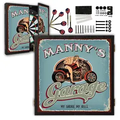 Custom vintage motorcycle garage dartboard cabinet with personalized name, pin-up biker artwork, and full dart set included