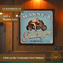 Custom motorcycle garage dartboard cabinet mounted on wall, featuring retro pin-up biker artwork and personalized name design