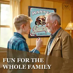 Custom dartboard cabinet set with personalized garage design, six steel-tip darts, mounting hardware, and enclosed dartboard