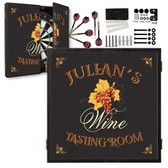 Personalized wine tasting room dartboard cabinet set with custom name, grape cluster artwork, sisal dartboard, six darts, and mounting hardware included.