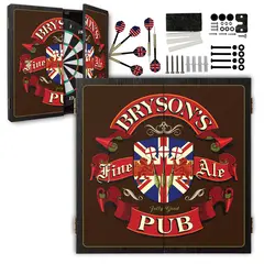 Personalized English pub dartboard cabinet set with custom name “Bryson’s Fine Ale Pub,” featuring a vintage crest design, opening doors revealing a bristle dartboard, steel-tip darts, and full mounting hardware.