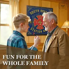 Grandfather and grandson playing darts in a cozy room with personalized South Boston Fire Department dartboard cabinet displayed on the wall, “Fun for the Whole Family” text overlay.
