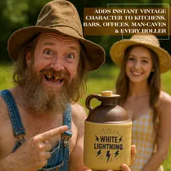 Smiling man in overalls and hat pointing to a White Lightning moonshine jug with a bold lightning bolt design, promoting vintage décor for kitchens, bars, offices, man caves, and hollers.