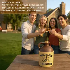 Mountain Thunder moonshine jug on picnic table with friends toasting drinks outside, highlighting vintage Americana barware.