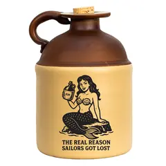 Vintage stoneware moonshine jug featuring a mermaid holding a rum jug and the phrase “The Real Reason Sailors Got Lost,” shown against a white background.