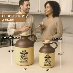 Half-gallon and one-liter alien-abduction moonshine jugs displayed on a kitchen counter with size measurements, while a couple enjoys drinks in the background.