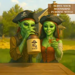 Two green alien characters dressed as pirates sharing drinks with an alien-abduction moonshine jug, highlighting fun themed barware and humorous moonshine décor.