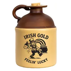 Irish Gold “Feelin’ Lucky” stoneware moonshine jug featuring a dancing leprechaun with a pot of gold and rainbow graphic, shown on a white background.