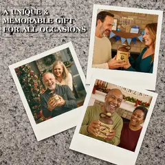 A collage of three polaroid-style photos showing people exchanging personalized moonshine jugs as gifts during various holiday celebrations, including Christmas, Hanukkah, and Kwanzaa. The text “A Unique & Memorable Gift for All Occasions” appears at the top against a granite background.
