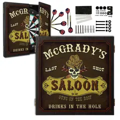 Custom Western Saloon dartboard cabinet set with dartboard, darts, mounting hardware, and vintage saloon design.