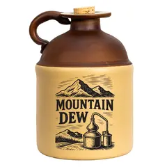 Vintage-style ceramic Mountain Dew moonshine jug with brown top, cork stopper, and black mountain-and-still graphic on the front.