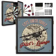 Personalized aviation dartboard cabinet set open with dartboard, steel tip darts, and mounting hardware included