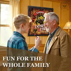 Father and son playing darts in a cozy game room featuring a personalized Hunter’s Retreat deer hunting dartboard cabinet on the wall.