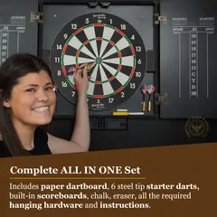 Woman playing darts on complete all-in-one dartboard cabinet set with steel tip darts, built-in scoreboards, chalkboard panels, and magnetic lock doors.
