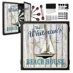 Nautical beach house dartboard cabinet set with flag-themed darts, mounting hardware, and coastal wood design, ideal for game rooms and beach house decor.