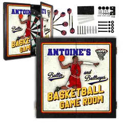Custom basketball dartboard cabinet set with darts, hardware and personalized name design