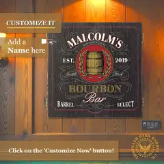 Custom Bourbon Bar dartboard cabinet mounted on a wood wall with option to add a personalized name, ideal for home bars, whiskey lounges, and man cave decor.