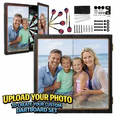 Custom dartboard cabinet set with personalized family photo design, steel tip darts, mounting hardware, and upload photo graphic.