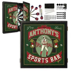 Custom name baseball sports bar dartboard cabinet set open with regulation dartboard, steel tip darts, and mounting hardware included