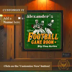 Custom name football dartboard cabinet with personalization preview and customize now message.