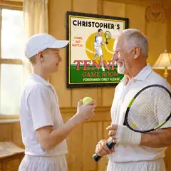 ather and son playing darts in game room with personalized tennis dartboard cabinet on wall