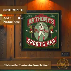 Wall mounted personalized baseball sports bar dartboard cabinet featuring custom name drop design on vintage style cabinet doors