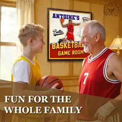 Grandfather and grandson playing with personalized basketball dartboard cabinet in family game room