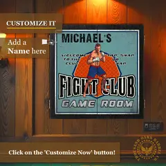 Personalized Fight Club dartboard cabinet mounted on wood wall showing custom name option